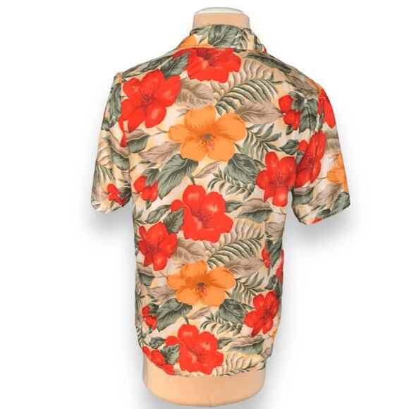 Vintage Options Melrose Silk Hawaiian Shirt Red Orange Hibiscus Floral Medium - Picture 4 of 8